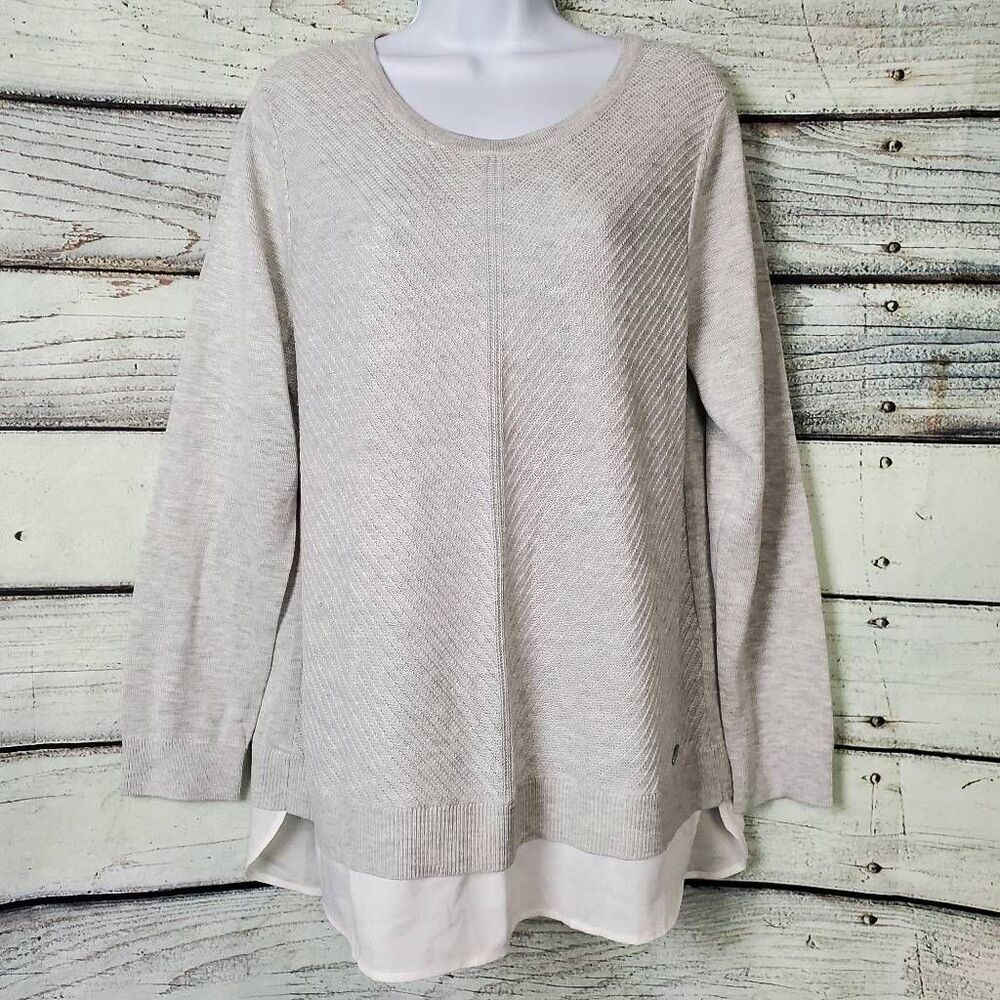 Calvin Klein Women’s Beige Knit Sweater Layered Hem Long Sleeve Size Large
